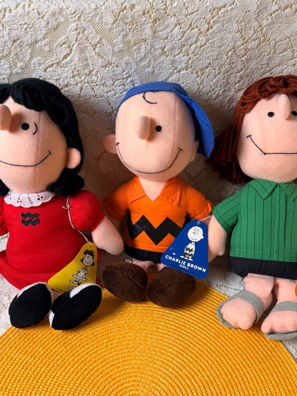 Vintage 1982 Peanuts Peppermint Patty, Lucy, Charlie Brown Cloth Dolls with Tags